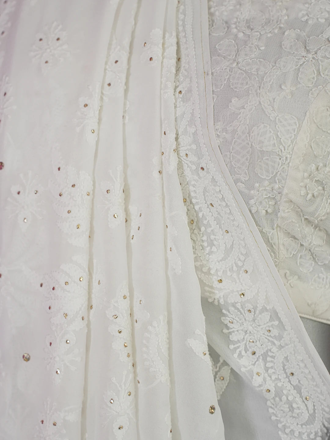 Ada Hand Embroidered Dove White Viscose Georgette Lucknowi Chikankari Saree/Blouse with Muqaish Work 01A627605