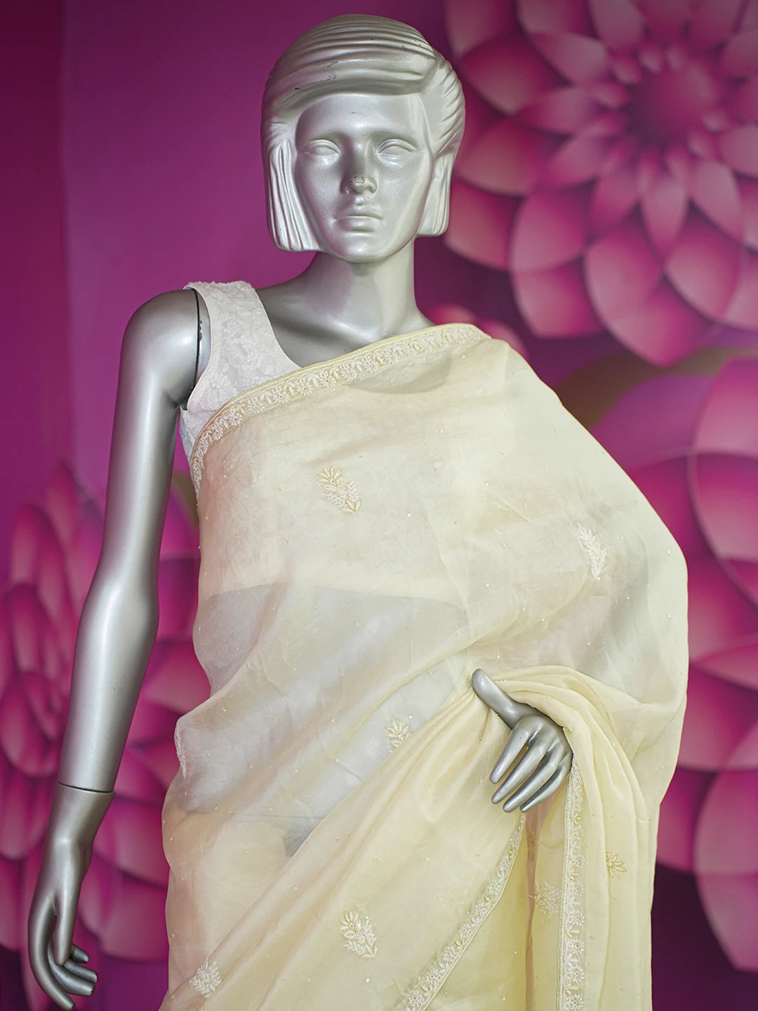 Ada Hand Embroidered Fawn Organza Lucknowi Chikankari Saree / Blouse with Cutdana & Sequinned Work 01A628019