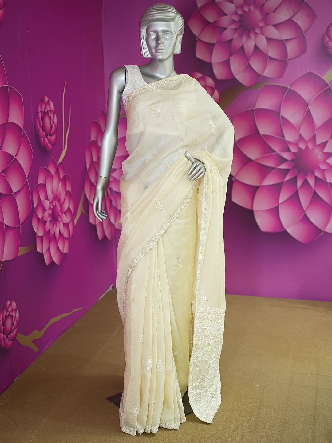 Ada Hand Embroidered Fawn Organza Lucknowi Chikankari Saree / Blouse with Cutdana & Sequinned Work 01A628019