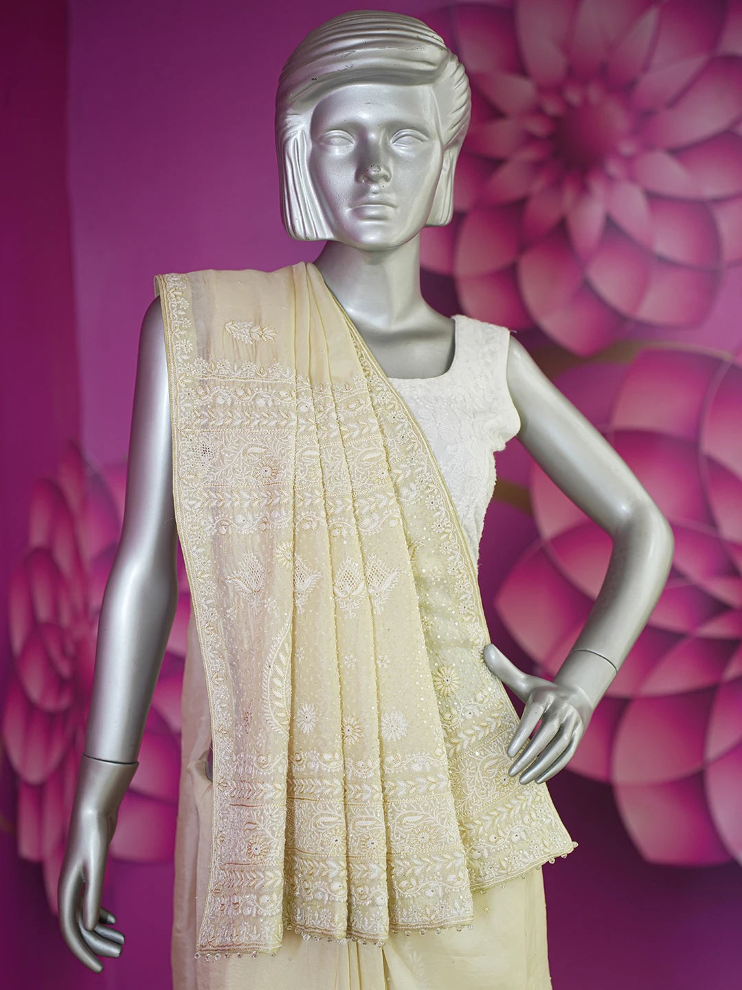 Ada Hand Embroidered Fawn Organza Lucknowi Chikankari Saree / Blouse with Cutdana & Sequinned Work 01A628019
