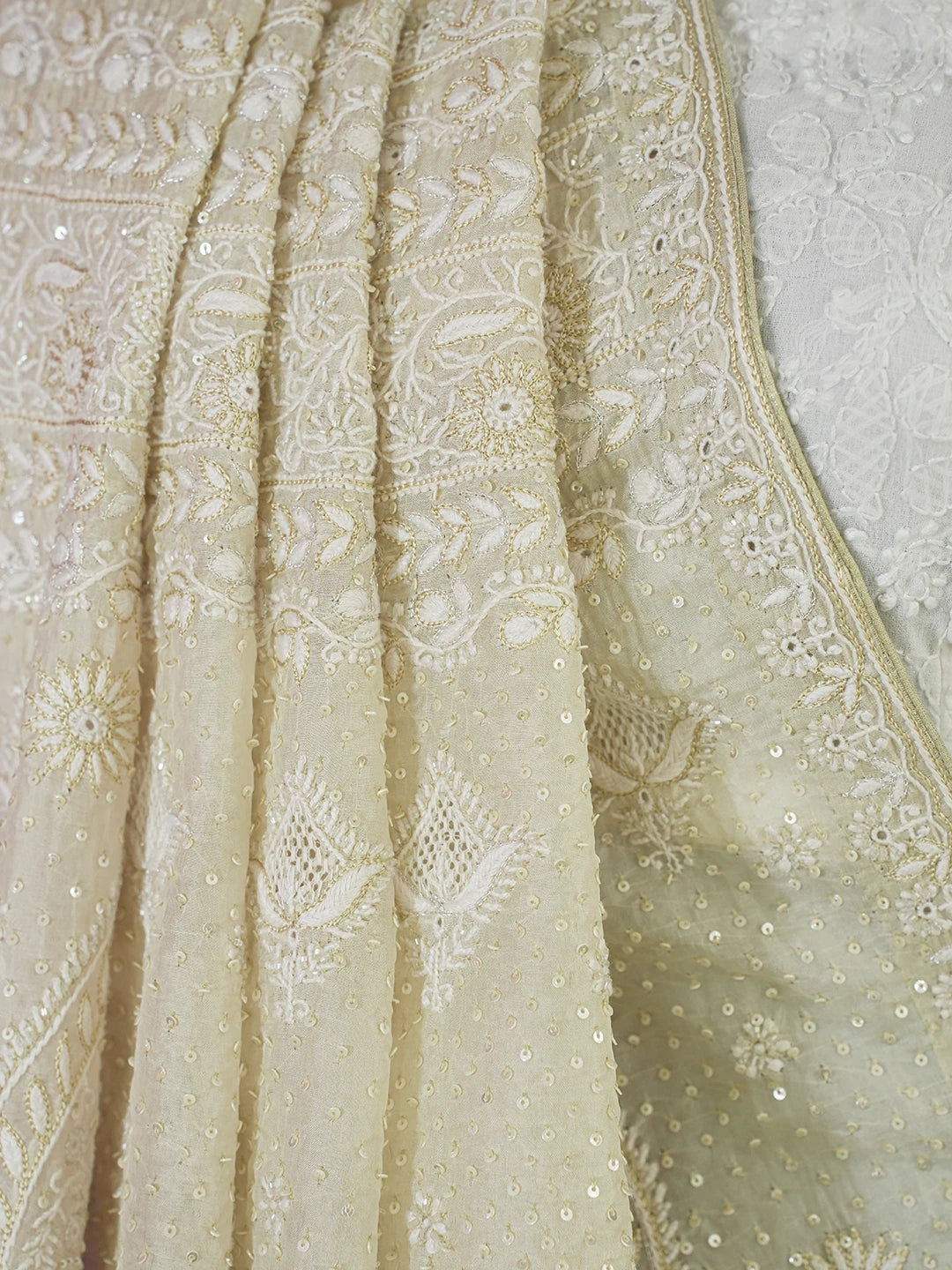 Ada Hand Embroidered Fawn Organza Lucknowi Chikankari Saree / Blouse with Cutdana & Sequinned Work 01A628019