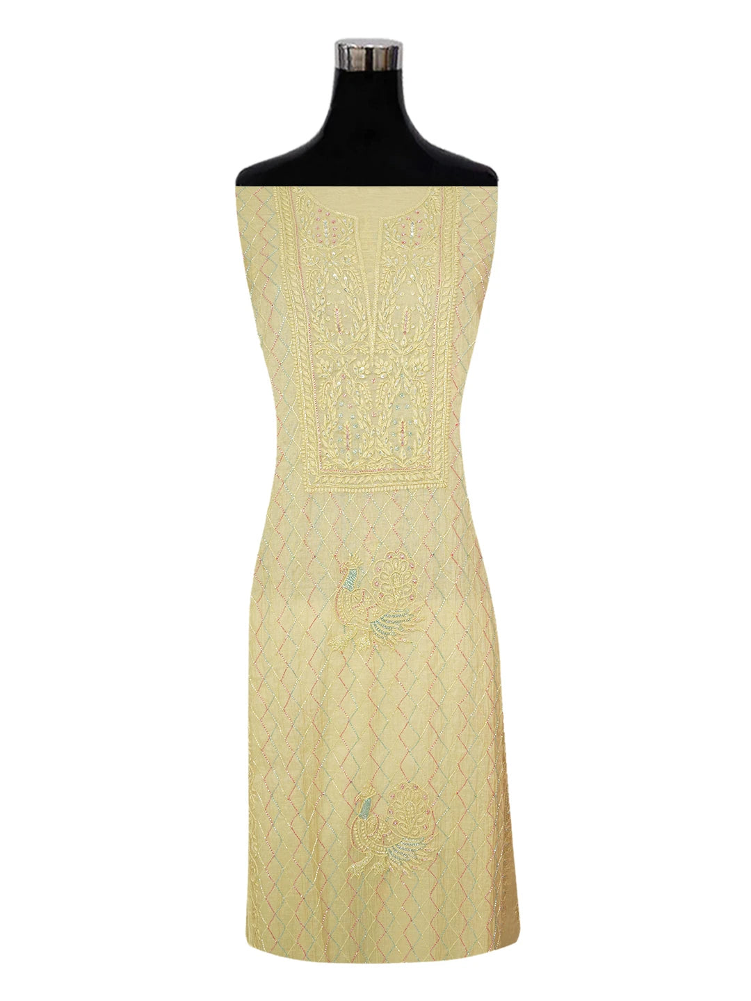 Ada Hand Embroidered Arylide Yellow Chanderi Lucknowi Chikankari Unstitched Kurta Dupatta Set With Cutdana Work 01A631629