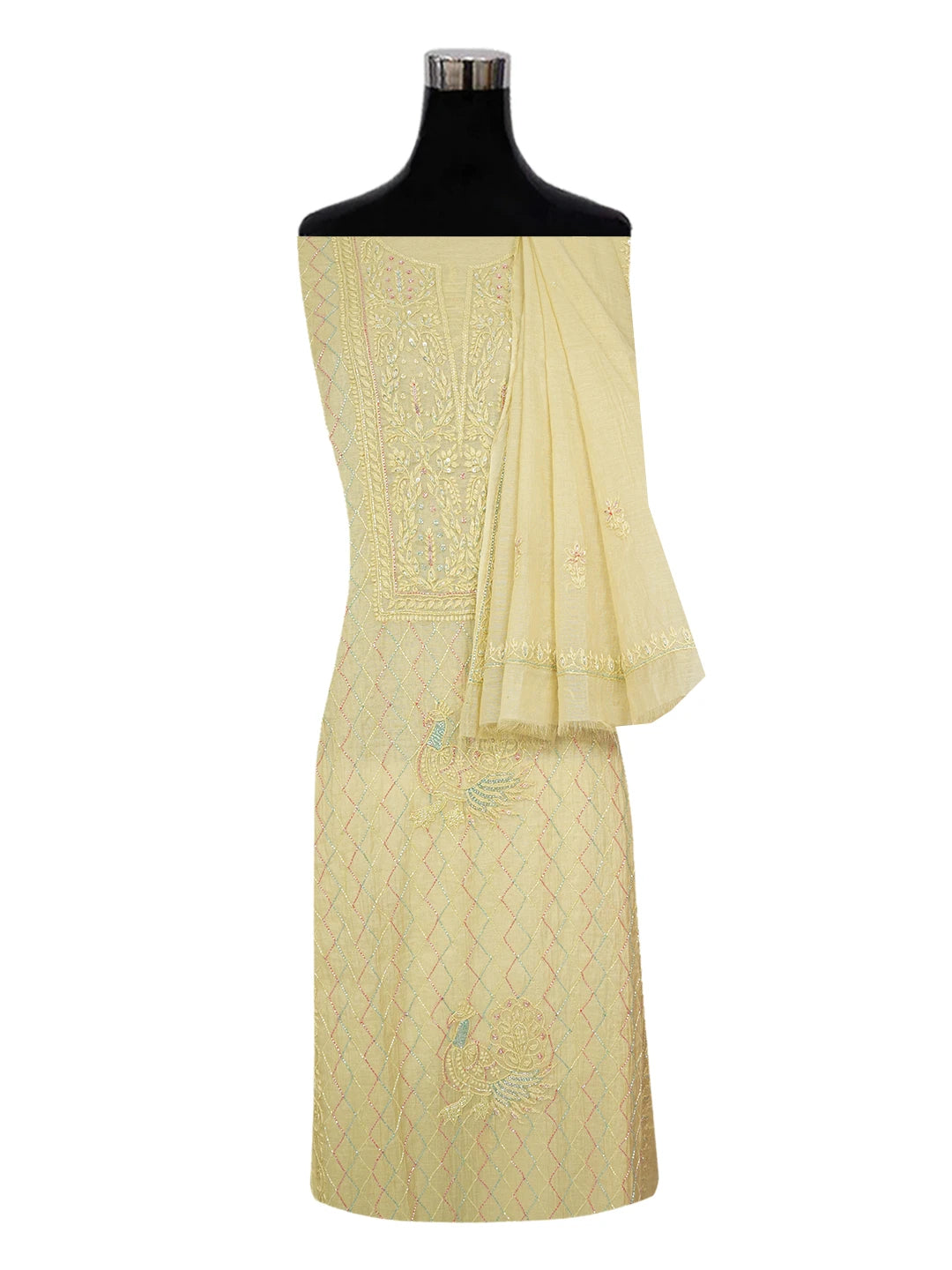 Ada Hand Embroidered Arylide Yellow Chanderi Lucknowi Chikankari Unstitched Kurta Dupatta Set With Cutdana Work 01A631629