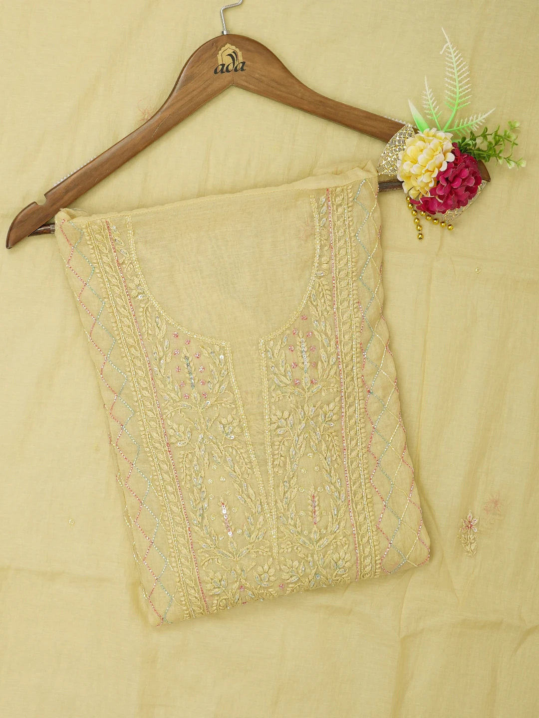 Ada Hand Embroidered Arylide Yellow Chanderi Lucknowi Chikankari Unstitched Kurta Dupatta Set With Cutdana Work 01A631629