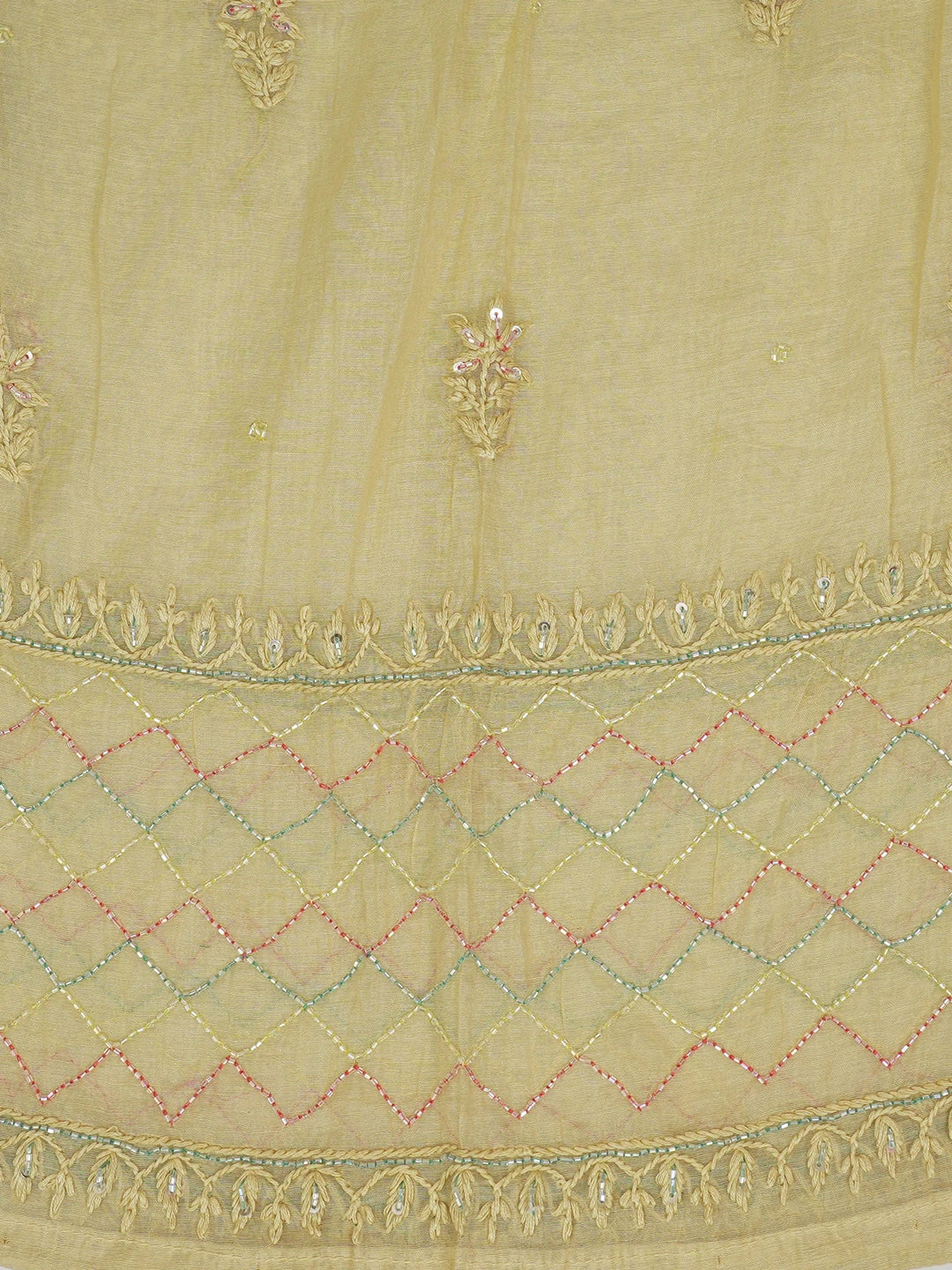 Ada Hand Embroidered Arylide Yellow Chanderi Lucknowi Chikankari Unstitched Kurta Dupatta Set With Cutdana Work 01A631629