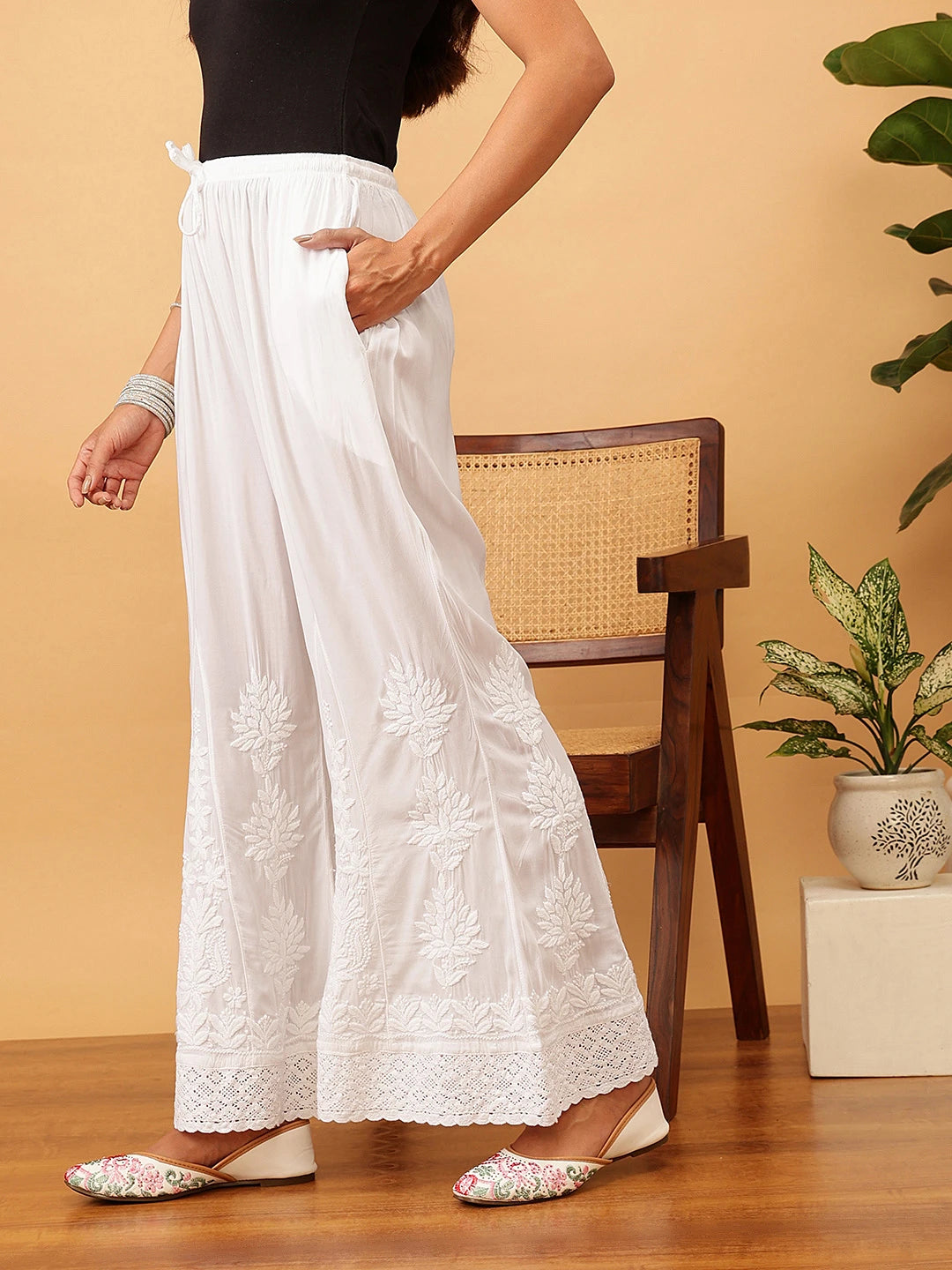 Ada Hand Embroidered White Modal Lucknowi Chikankari Palazzo A711189