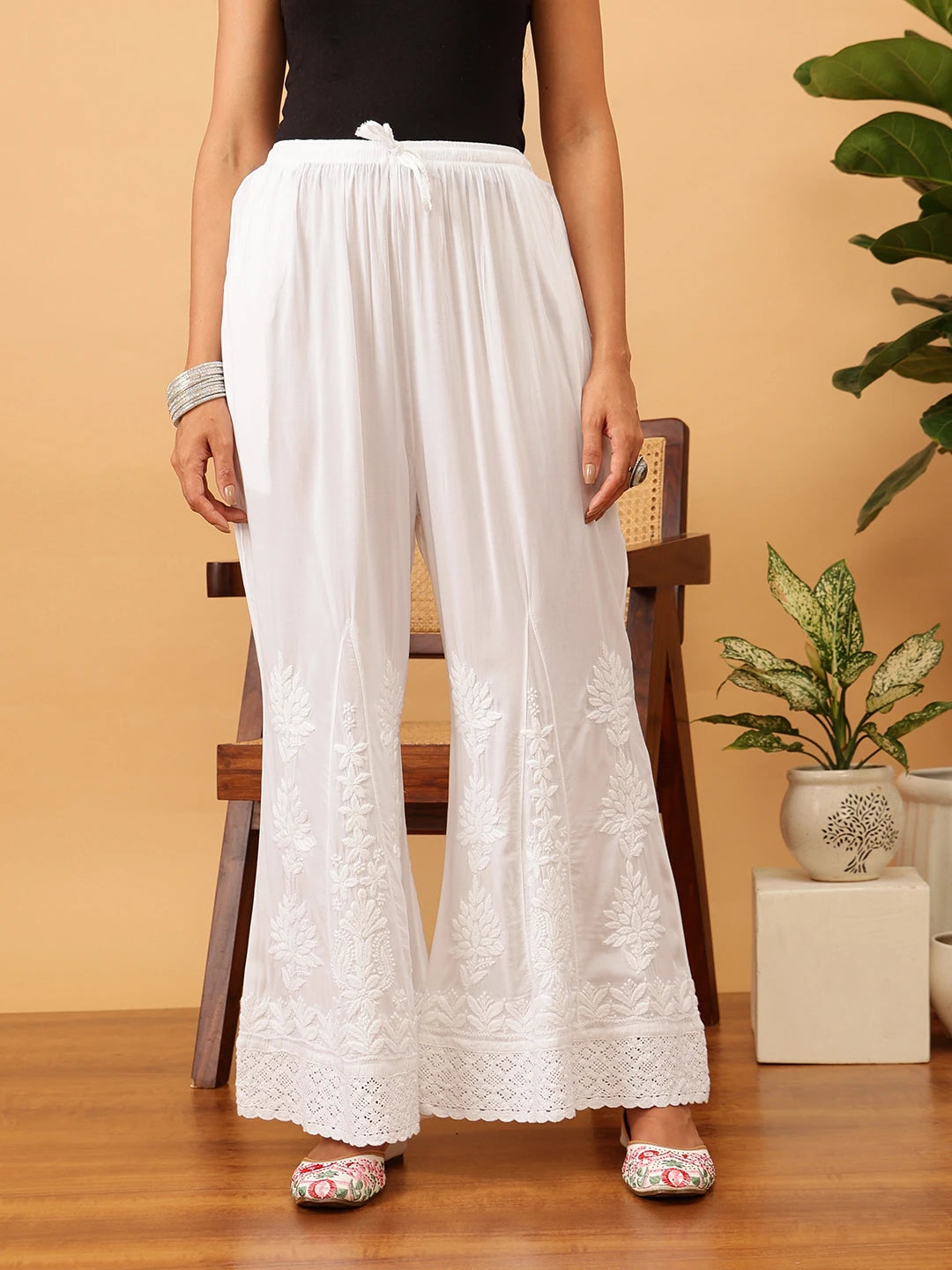 Ada Hand Embroidered White Modal Lucknowi Chikankari Palazzo A711189