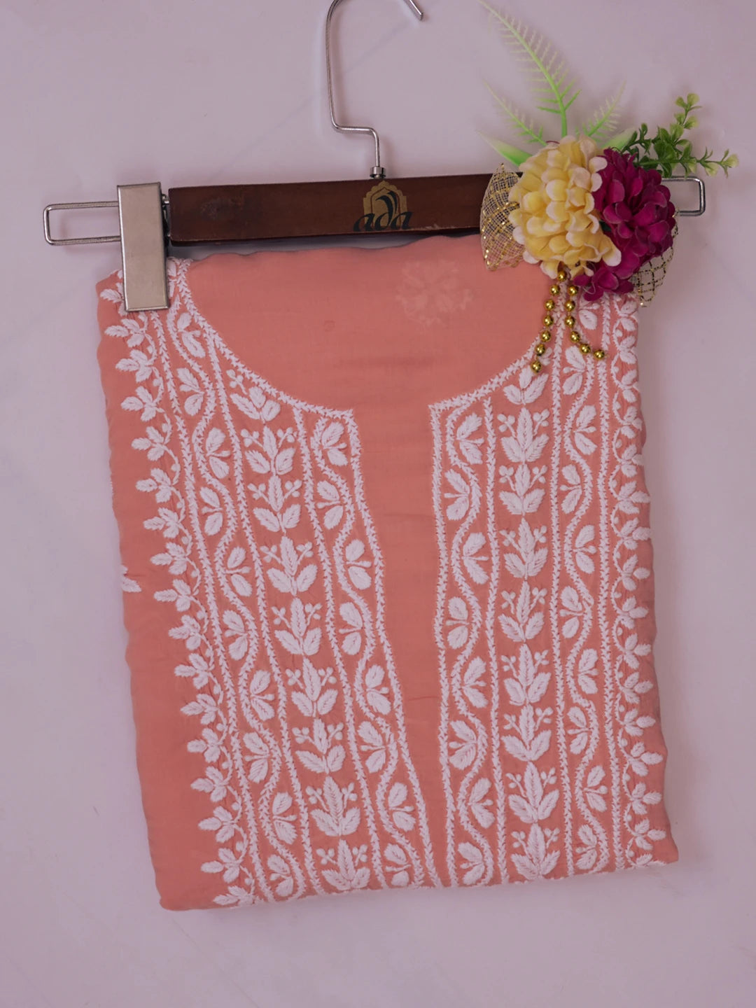 Ada Hand Embroidered Peach Modal Lucknowi Chikankari Unstitched Kurta Piece 01A599817