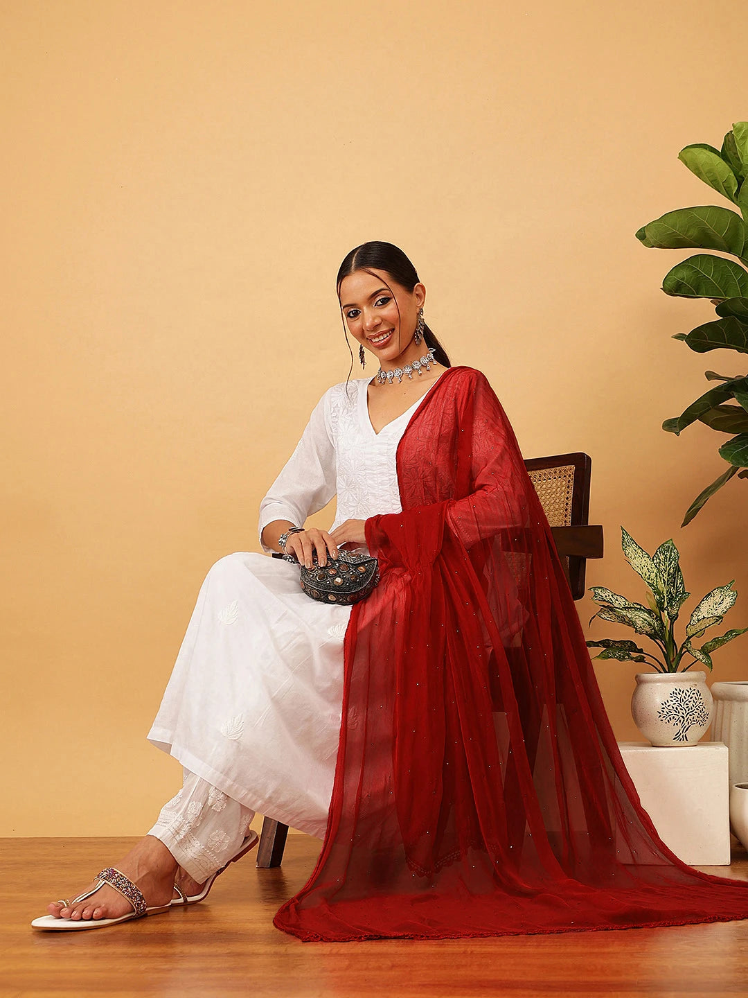 Ada Red Chiffon Dupatta With Muqaish Work A511154
