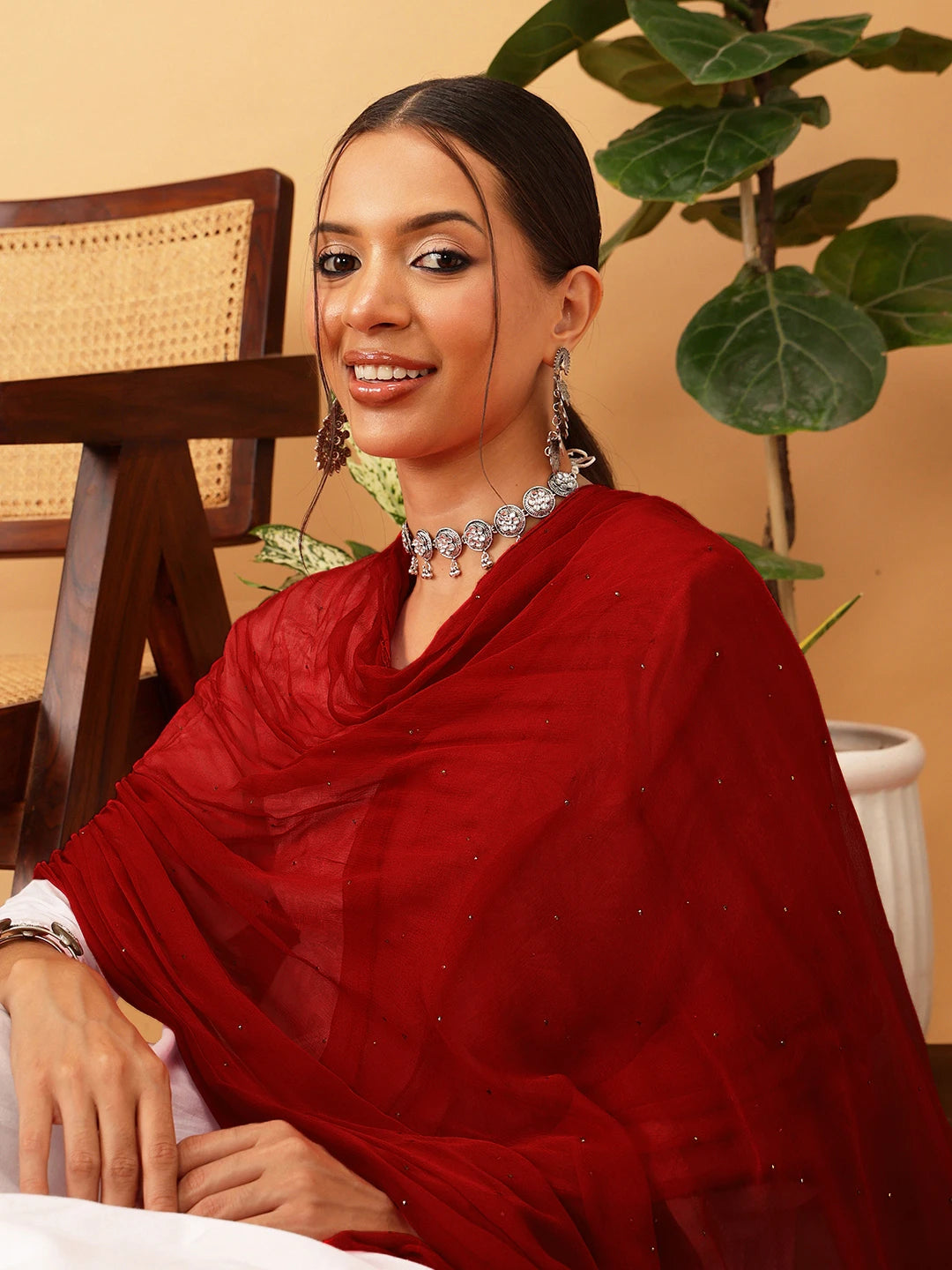 Ada Red Chiffon Dupatta With Muqaish Work A511154
