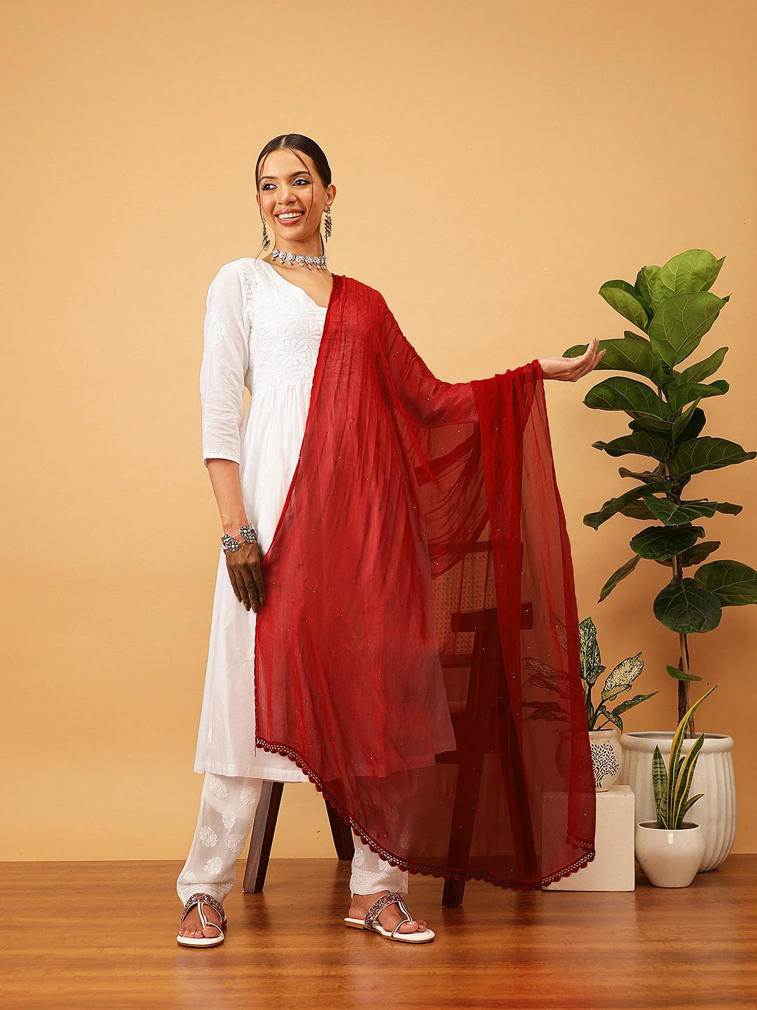 Ada Red Chiffon Dupatta With Muqaish Work A511154