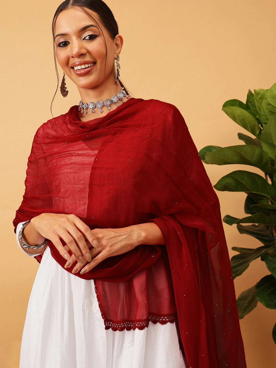 Ada Red Chiffon Dupatta With Muqaish Work A511154