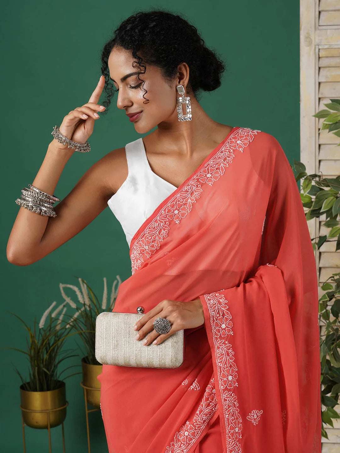 Ada Hand Embroidered Brick Red Georgette Lucknow Chikankari Saree With Blouse A311281