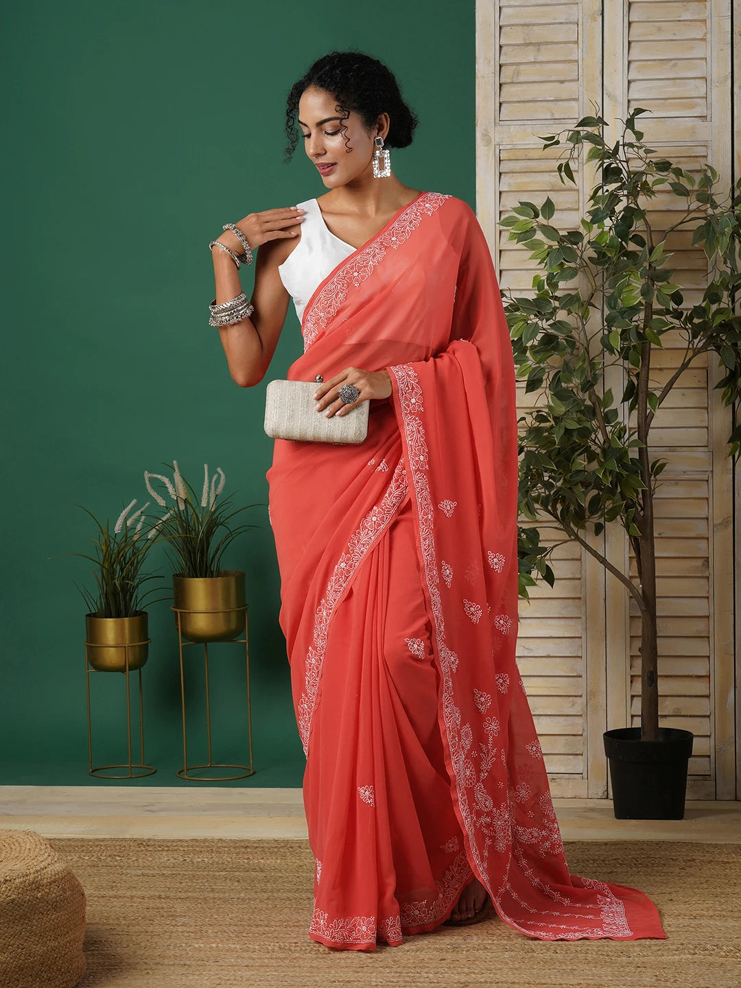Ada Hand Embroidered Brick Red Georgette Lucknow Chikankari Saree With Blouse A311281