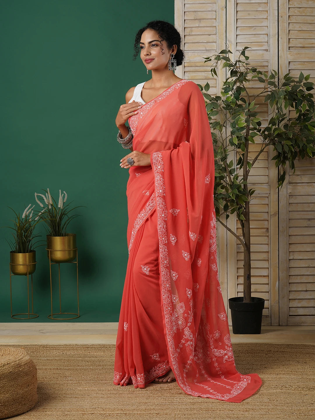 Ada Hand Embroidered Brick Red Georgette Lucknow Chikankari Saree With Blouse A311281