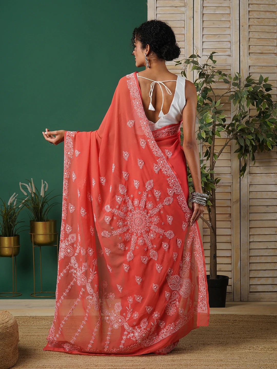 Ada Hand Embroidered Brick Red Georgette Lucknow Chikankari Saree With Blouse A311281