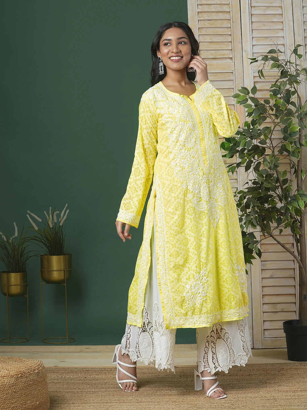Ada Hand Embroidered Lemon Cotton Lucknowi Chikankari Straight Kurta A100106