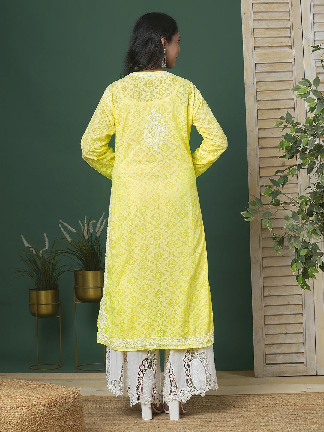 Ada Hand Embroidered Lemon Cotton Lucknowi Chikankari Straight Kurta A100106