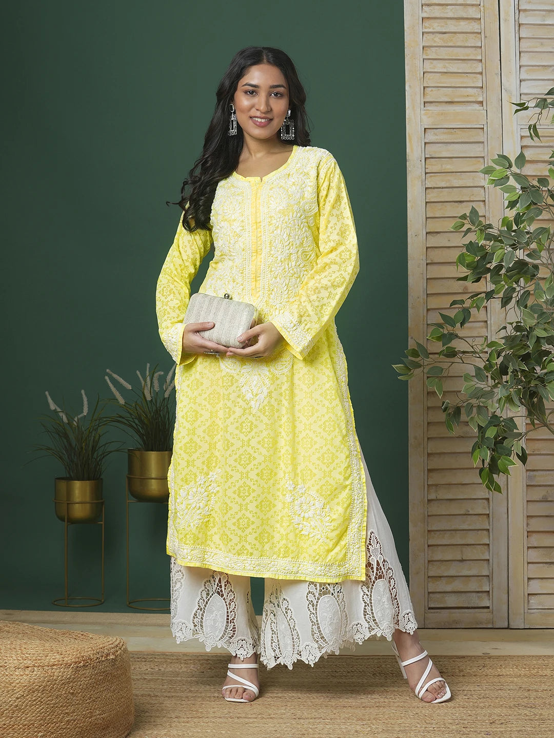Ada Hand Embroidered Lemon Cotton Lucknowi Chikankari Straight Kurta A100106