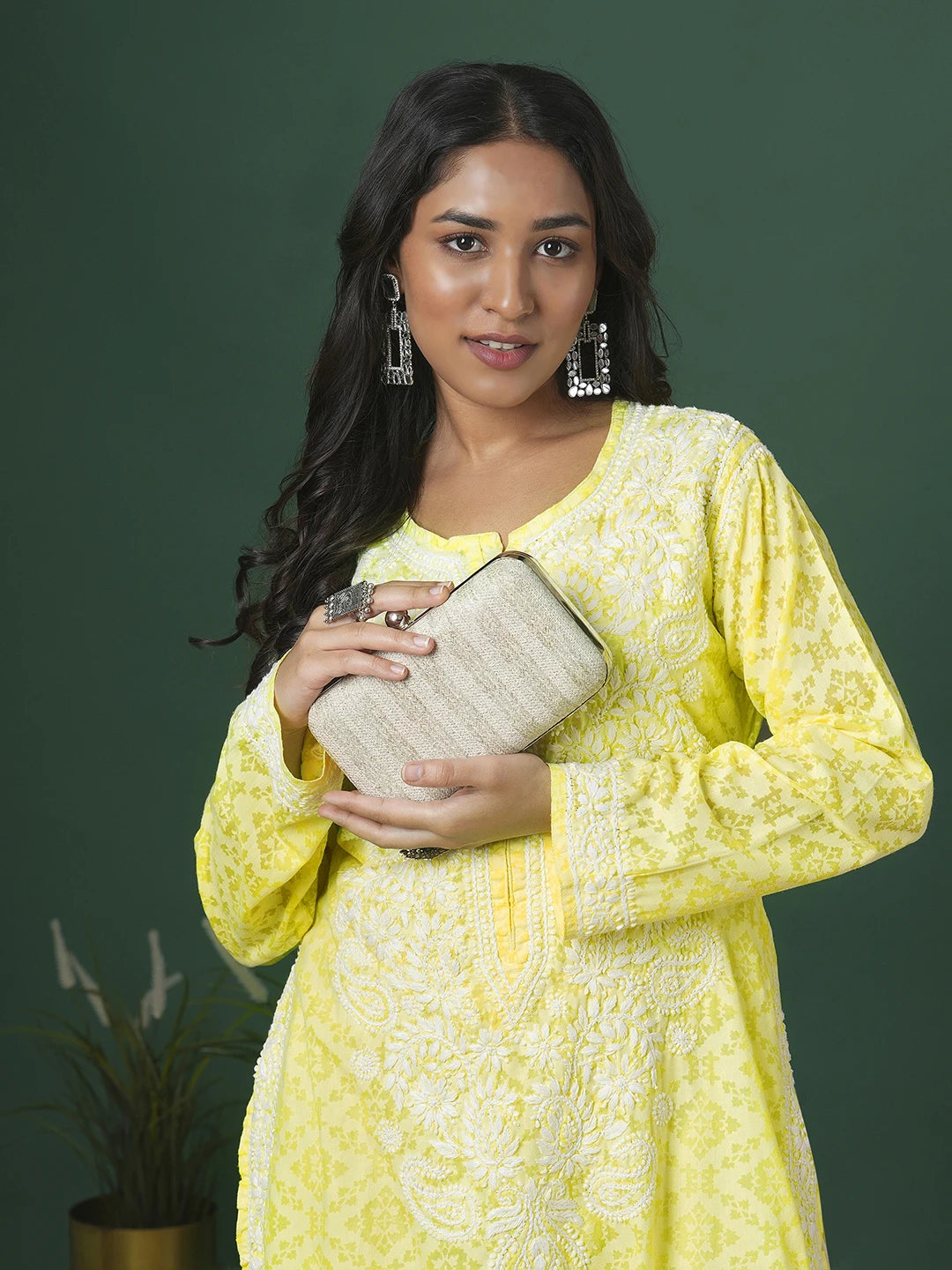 Ada Hand Embroidered Lemon Cotton Lucknowi Chikankari Straight Kurta A100106