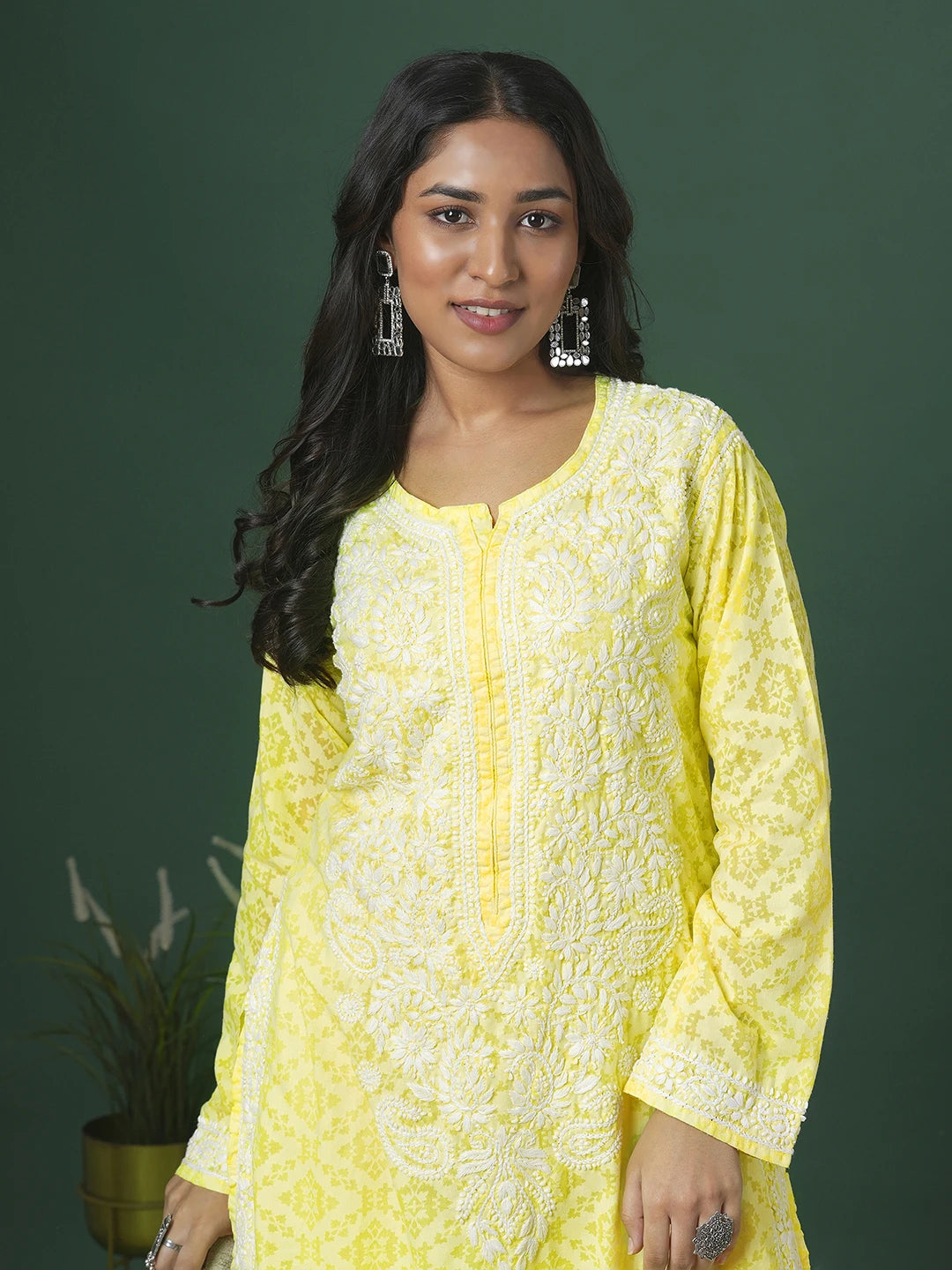 Ada Hand Embroidered Lemon Cotton Lucknowi Chikankari Straight Kurta A100106