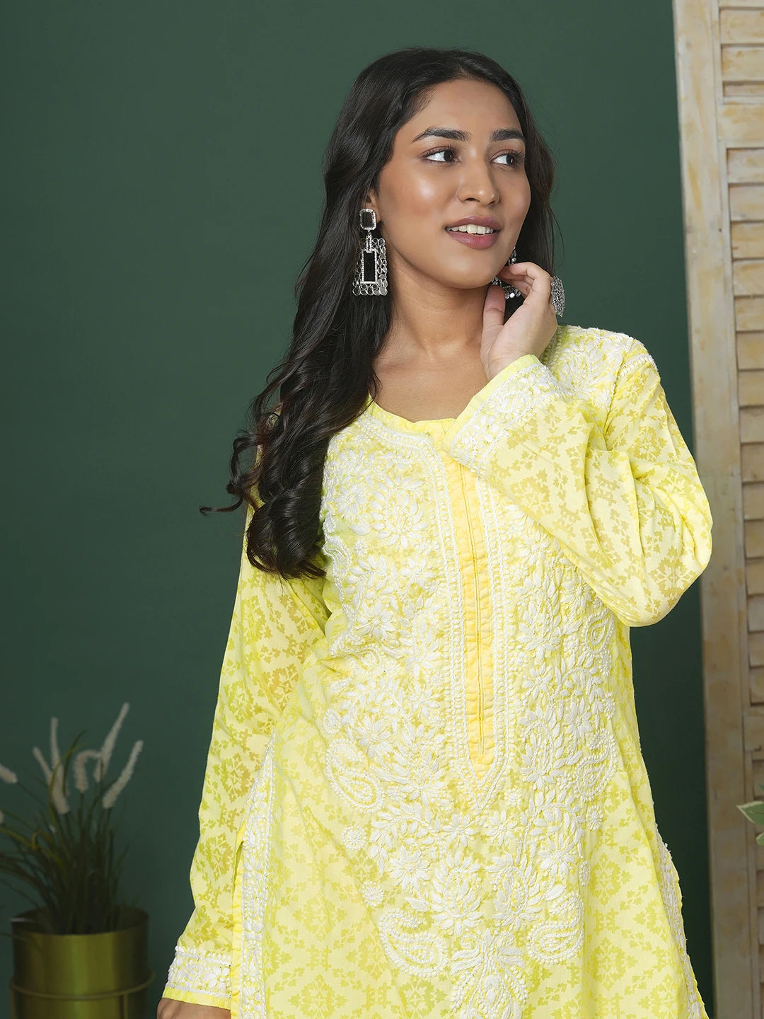 Ada Hand Embroidered Lemon Cotton Lucknowi Chikankari Straight Kurta A100106
