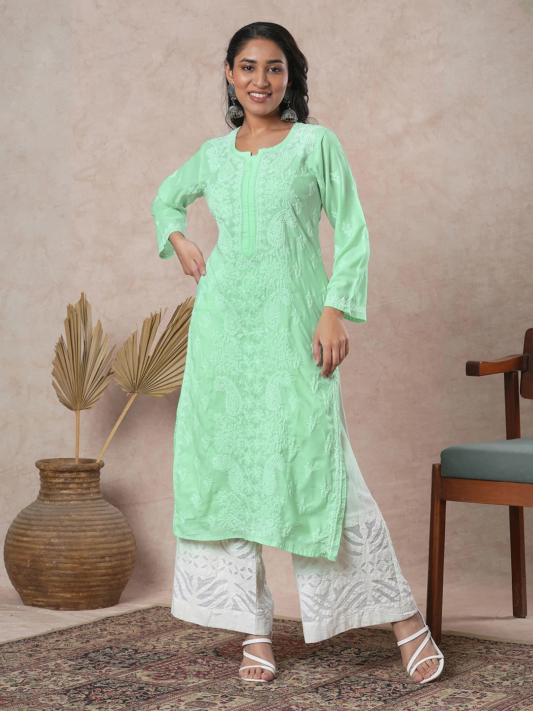 Ada Hand Embroidered Light Liril Green Cotton Lucknowi Chikankari Straight Kurta A411684