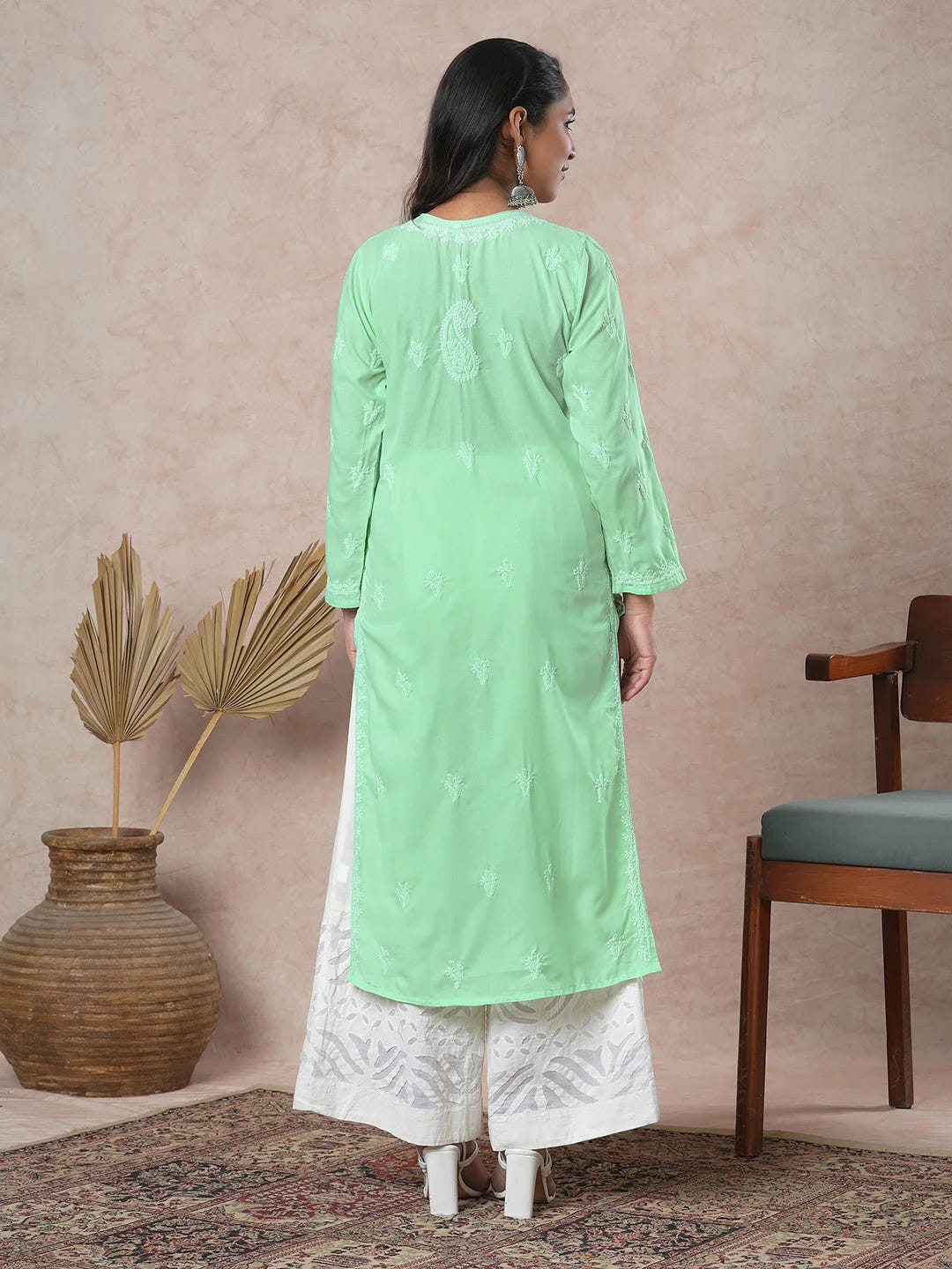 Ada Hand Embroidered Light Liril Green Cotton Lucknowi Chikankari Straight Kurta A411684