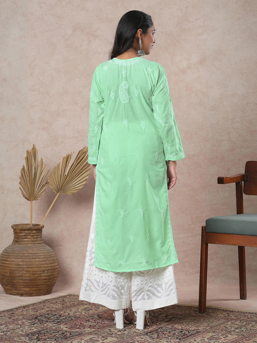 Ada Hand Embroidered Light Liril Green Cotton Lucknowi Chikankari Straight Kurta A411684