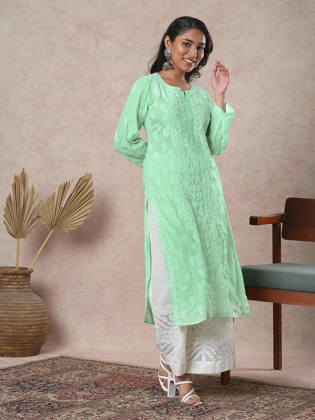 Ada Hand Embroidered Light Liril Green Cotton Lucknowi Chikankari Straight Kurta A411684