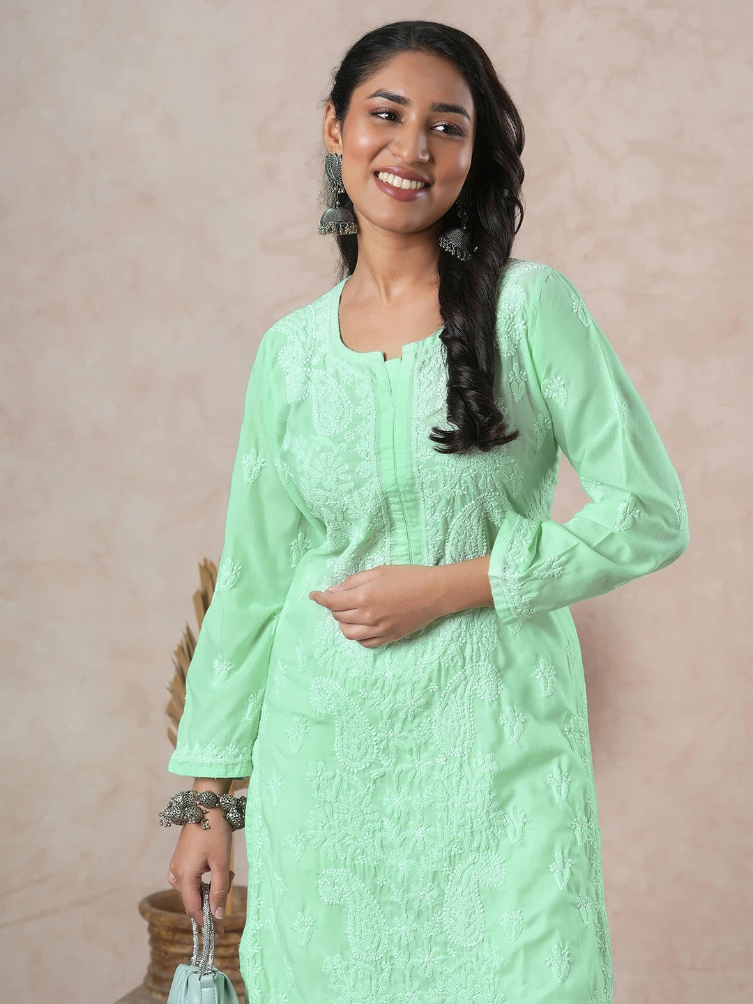 Ada Hand Embroidered Light Liril Green Cotton Lucknowi Chikankari Straight Kurta A411684