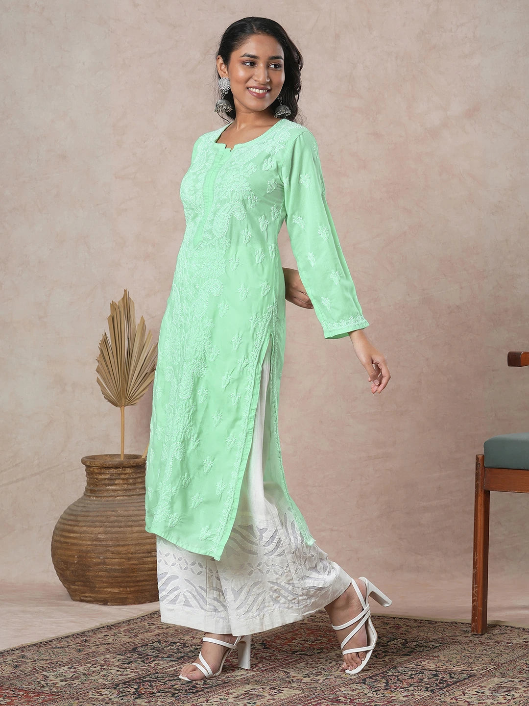 Ada Hand Embroidered Light Liril Green Cotton Lucknowi Chikankari Straight Kurta A411684