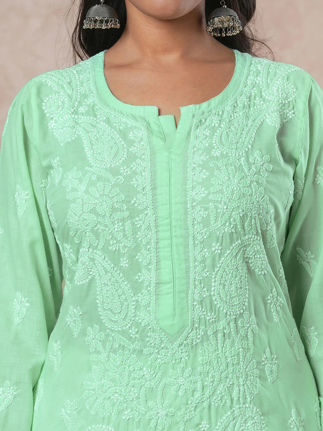 Ada Hand Embroidered Light Liril Green Cotton Lucknowi Chikankari Straight Kurta A411684