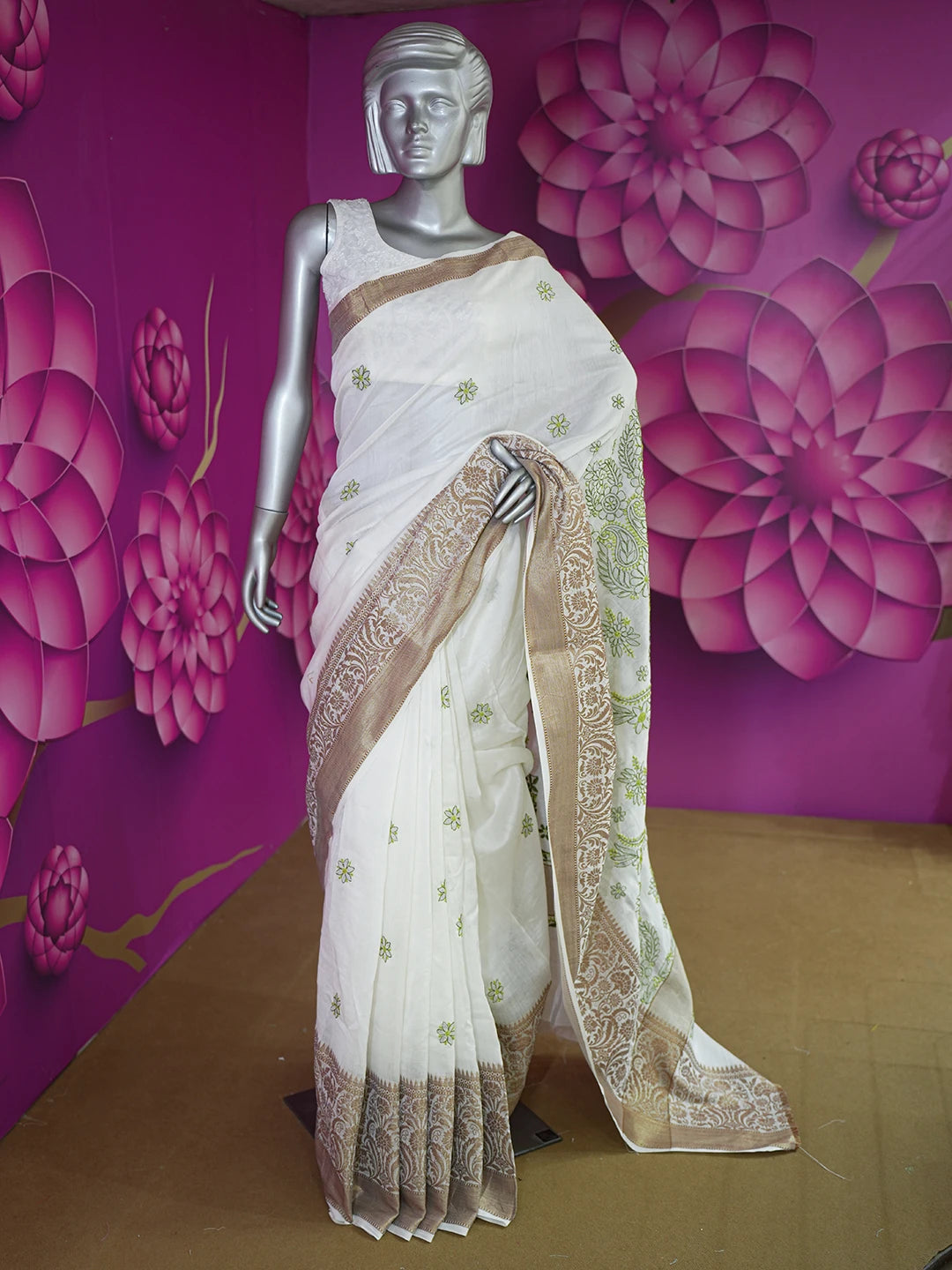 Ada Hand Embroidered Off White Chanderi Lucknowi Chikankari Saree With Blouse 01A572768