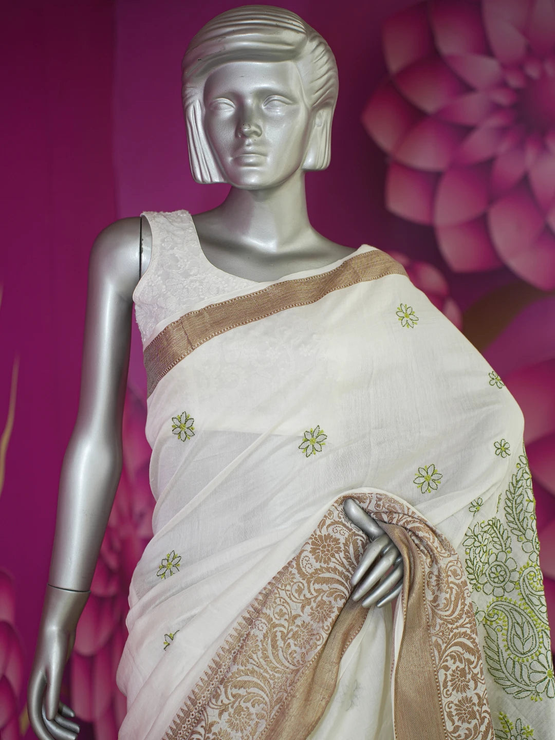 Ada Hand Embroidered Off White Chanderi Lucknowi Chikankari Saree With Blouse 01A572768