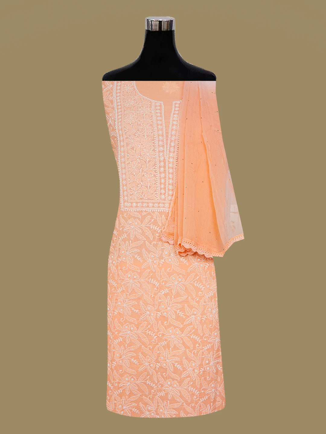 Ada Hand Embroidered Peachy Pink Cotton Lucknowi Chikankari Unstitched Suit Piece With Pearl Work 01A477472