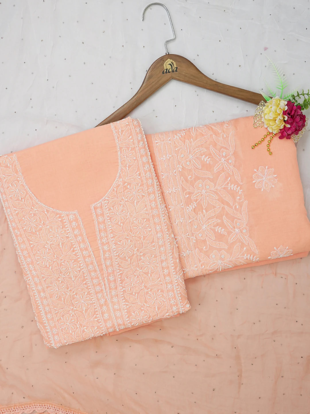 Ada Hand Embroidered Peachy Pink Cotton Lucknowi Chikankari Unstitched Suit Piece With Pearl Work 01A477472