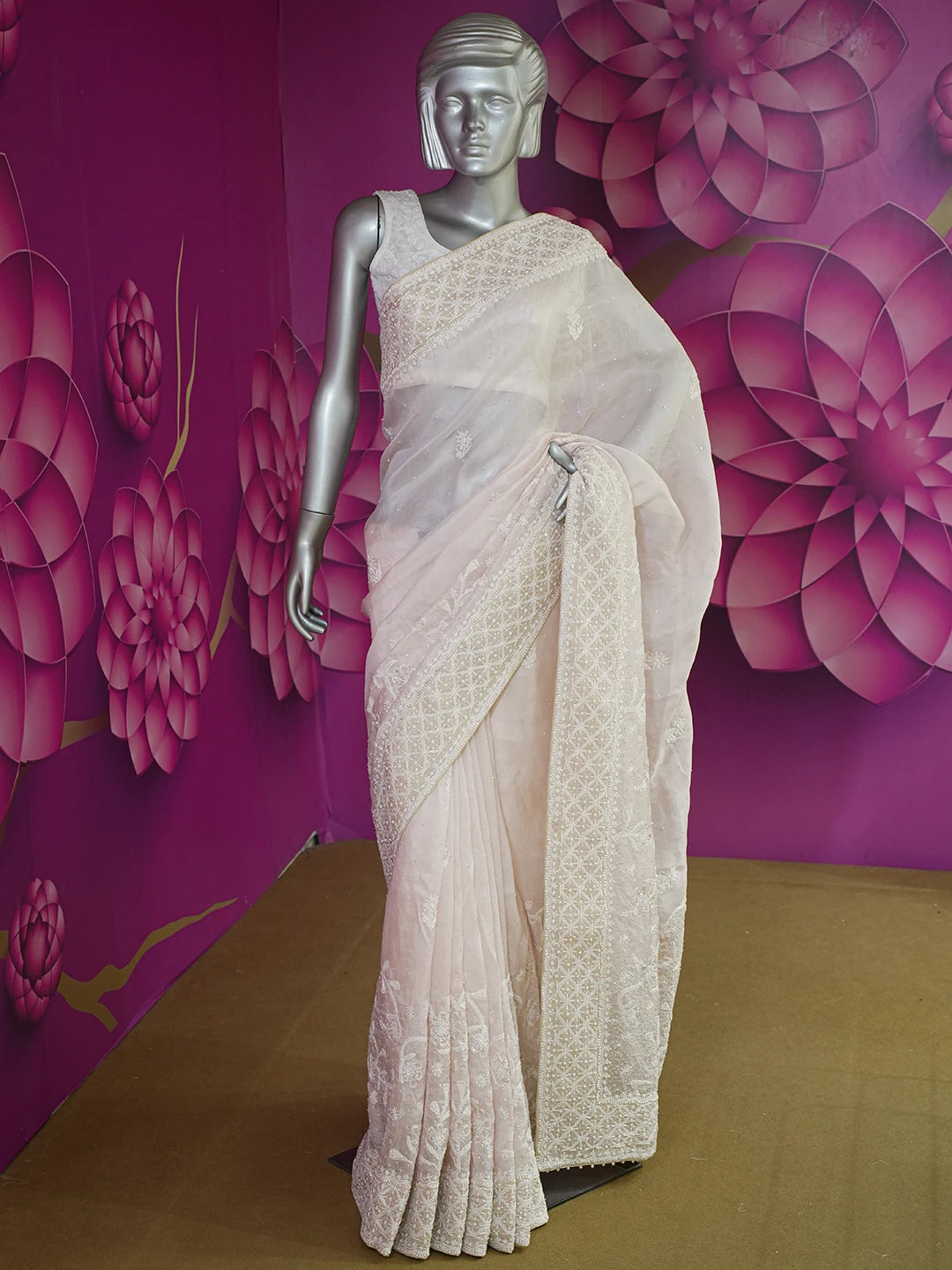 Ada Hand Embroidered Dusty Peach Organza Lucknowi Chikankari Saree and Blouse With Pearl Work 01A628046