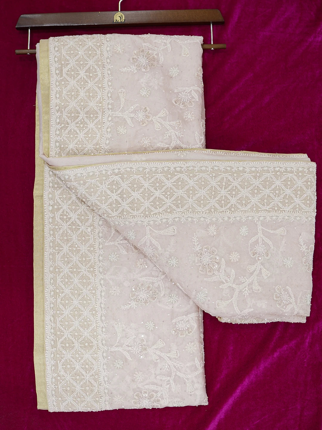 Ada Hand Embroidered Dusty Peach Organza Lucknowi Chikankari Saree and Blouse With Pearl Work 01A628046