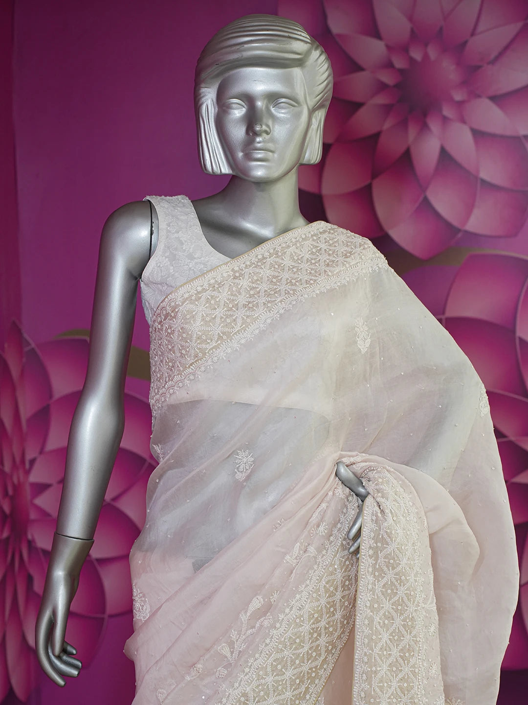 Ada Hand Embroidered Dusty Peach Organza Lucknowi Chikankari Saree and Blouse With Pearl Work 01A628046
