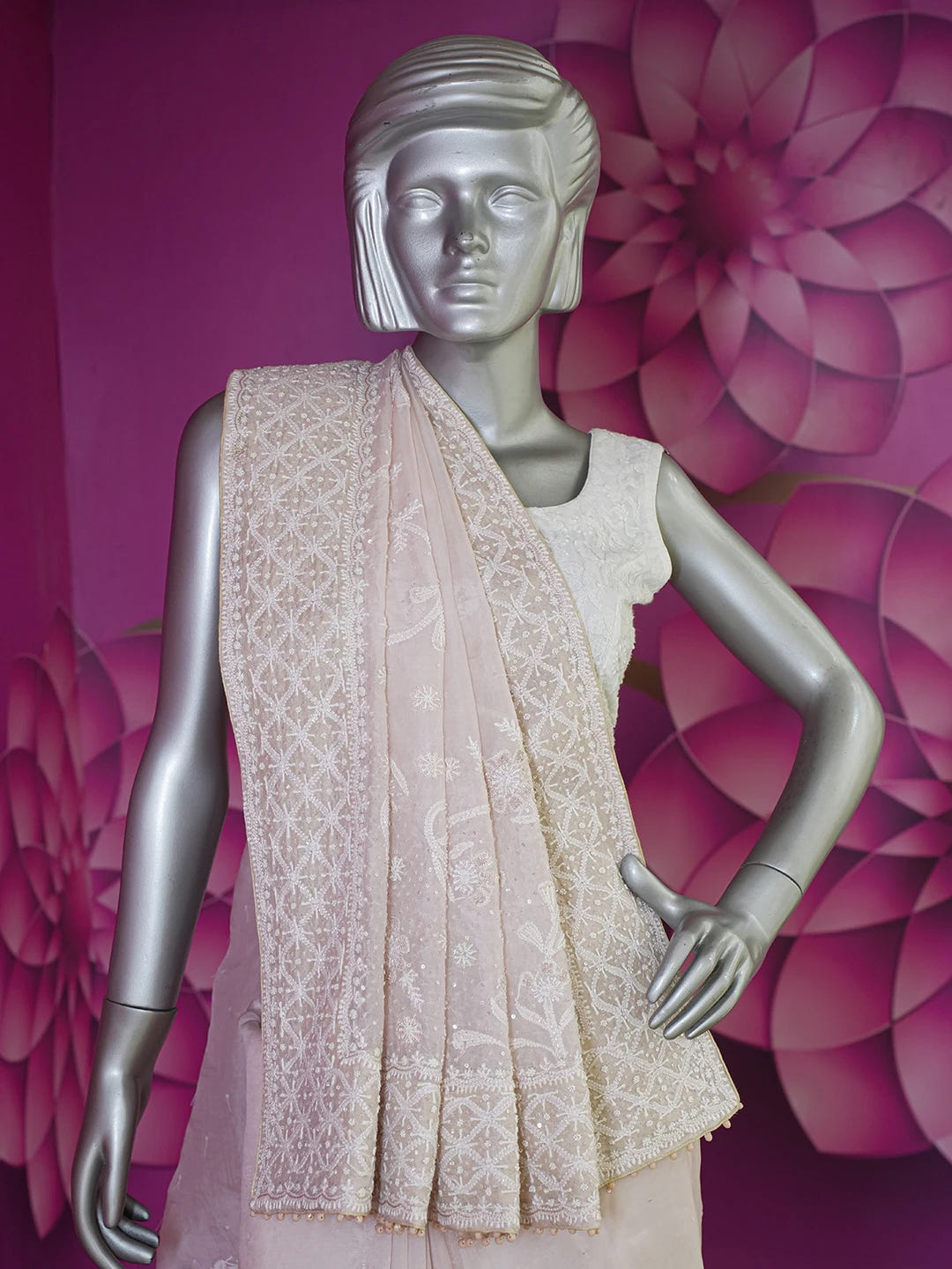 Ada Hand Embroidered Dusty Peach Organza Lucknowi Chikankari Saree and Blouse With Pearl Work 01A628046