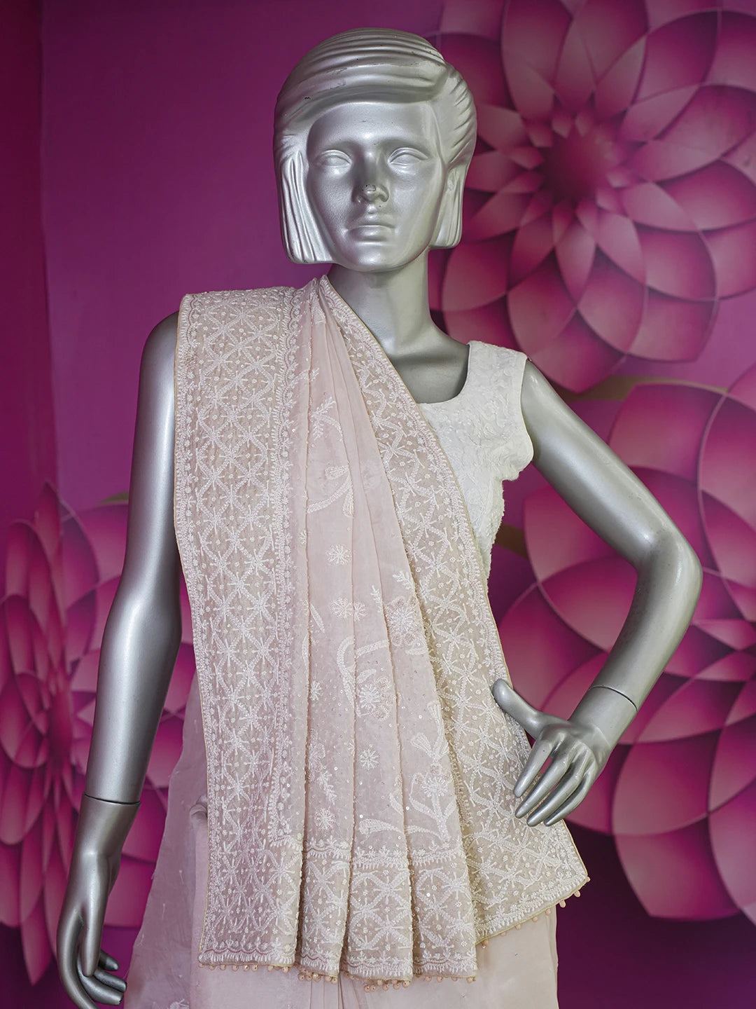 Ada Hand Embroidered Dusty Peach Organza Lucknowi Chikankari Saree and Blouse With Pearl Work 01A628046