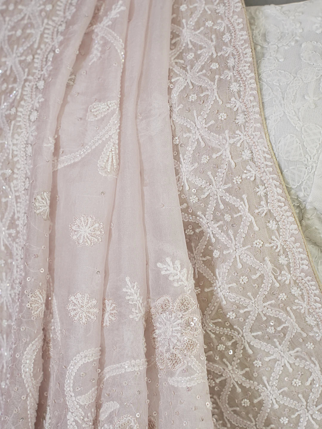 Ada Hand Embroidered Dusty Peach Organza Lucknowi Chikankari Saree and Blouse With Pearl Work 01A628046