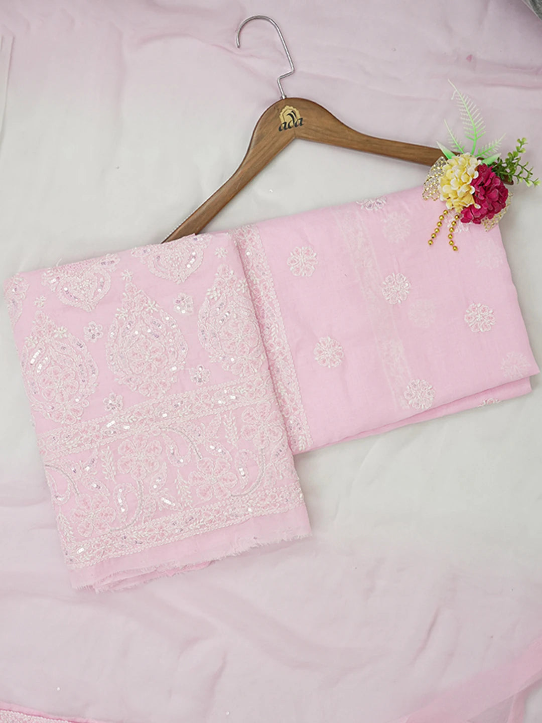 Ada Hand Embroidered Pink Cotton Lucknowi Chikankari Unstitched Suit Piece 01A604931
