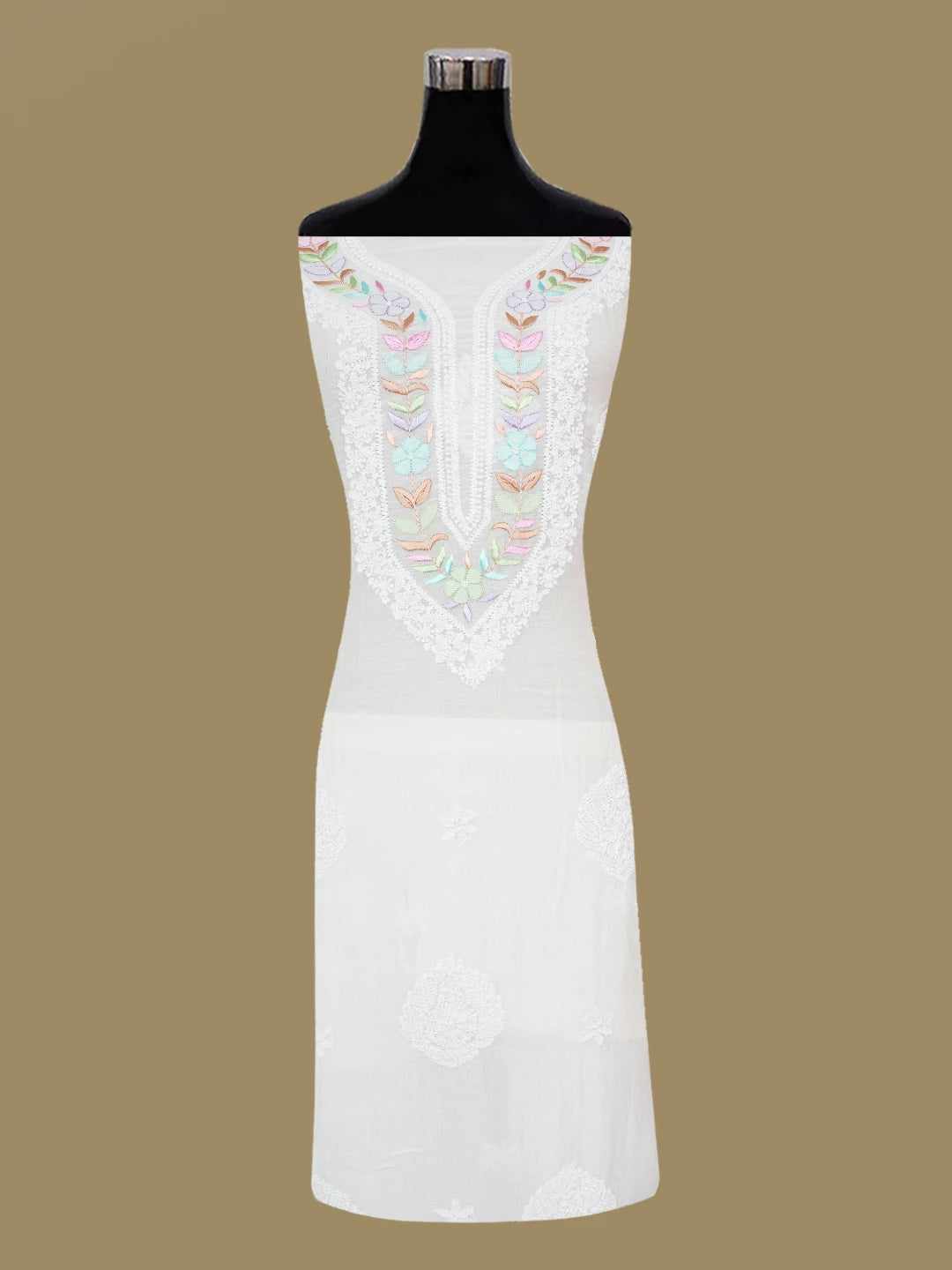 Ada Hand Embroidered White Chanderi Lucknowi Chikankari Unstitched Kurta Dupatta Set With Parsi Work 01A645739