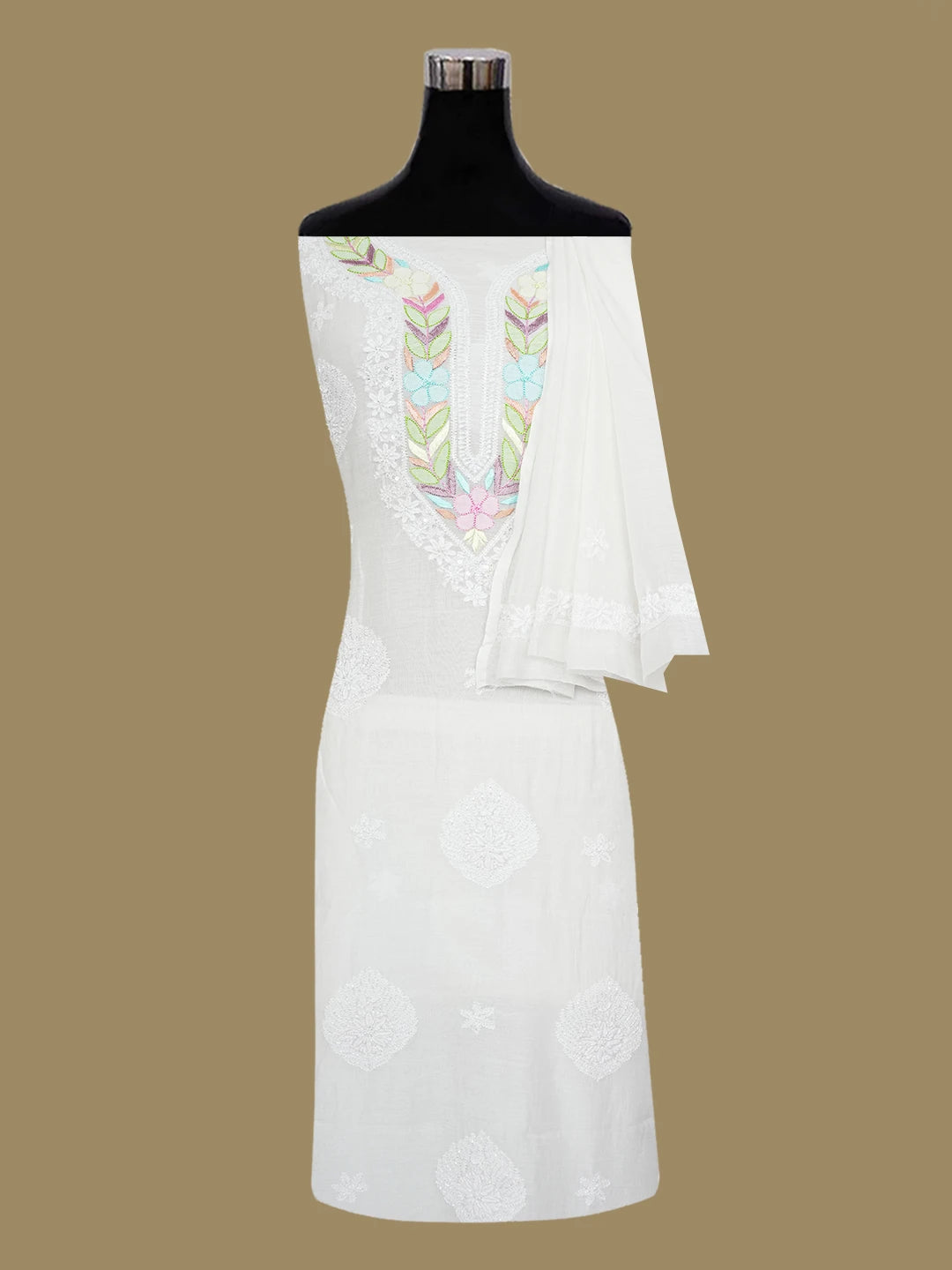 Ada Hand Embroidered White Chanderi Lucknowi Chikankari Unstitched Kurta Dupatta Set With Parsi Work 01A645738