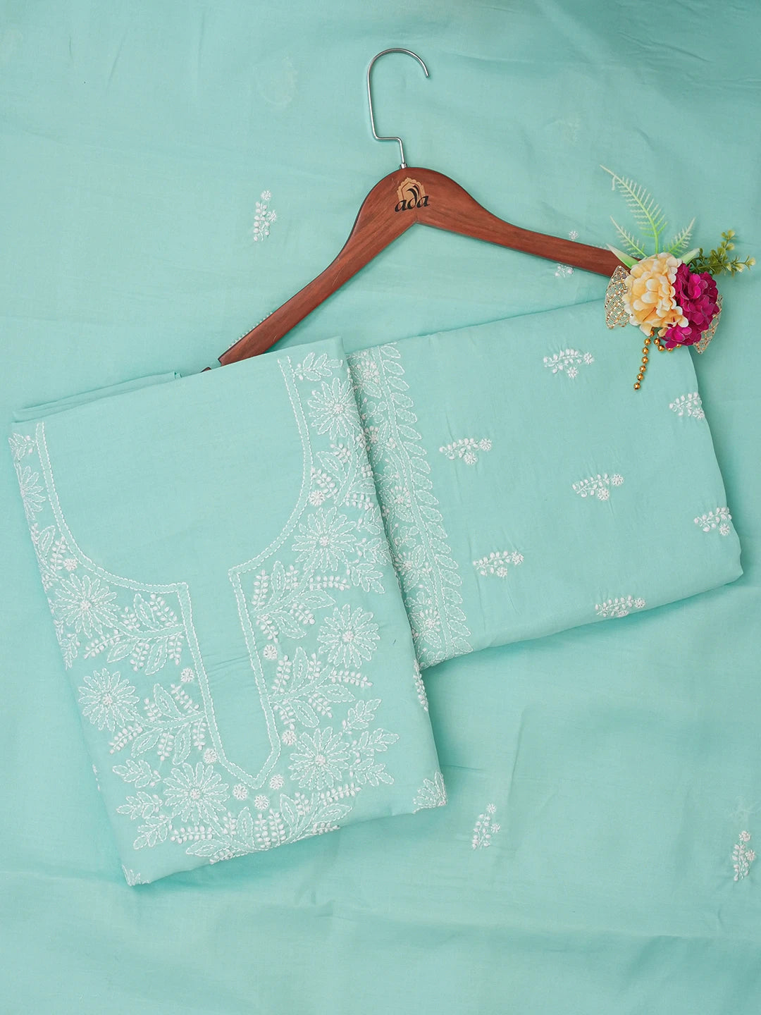 Ada Hand Embroidered Ice Blue Cotton Lucknowi Chikankari Unstitched Suit Piece 01A647409