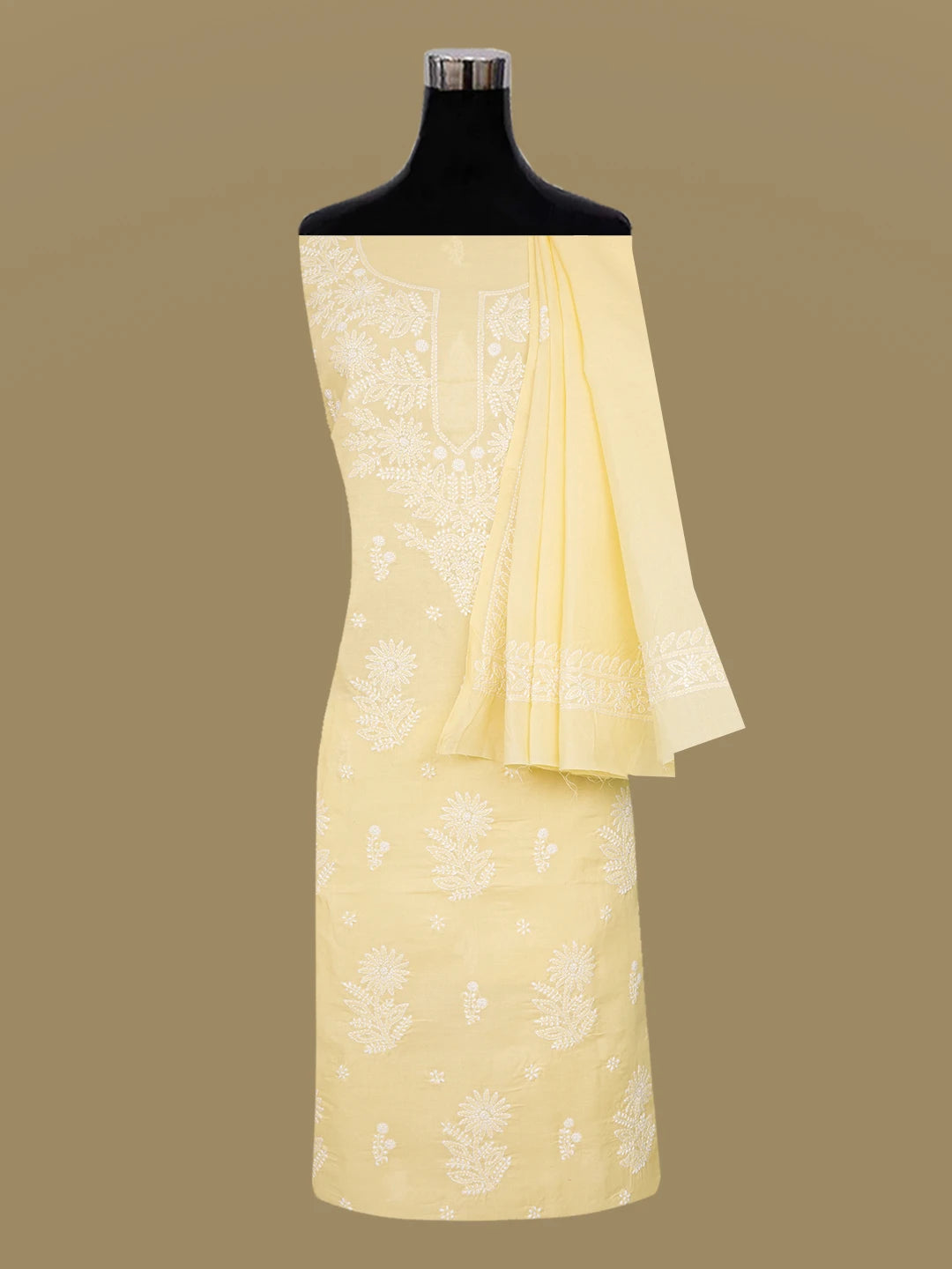 Ada Hand Embroidered Butter Yellow Cotton Lucknowi Chikankari Unstitched Suit Piece 01A647414