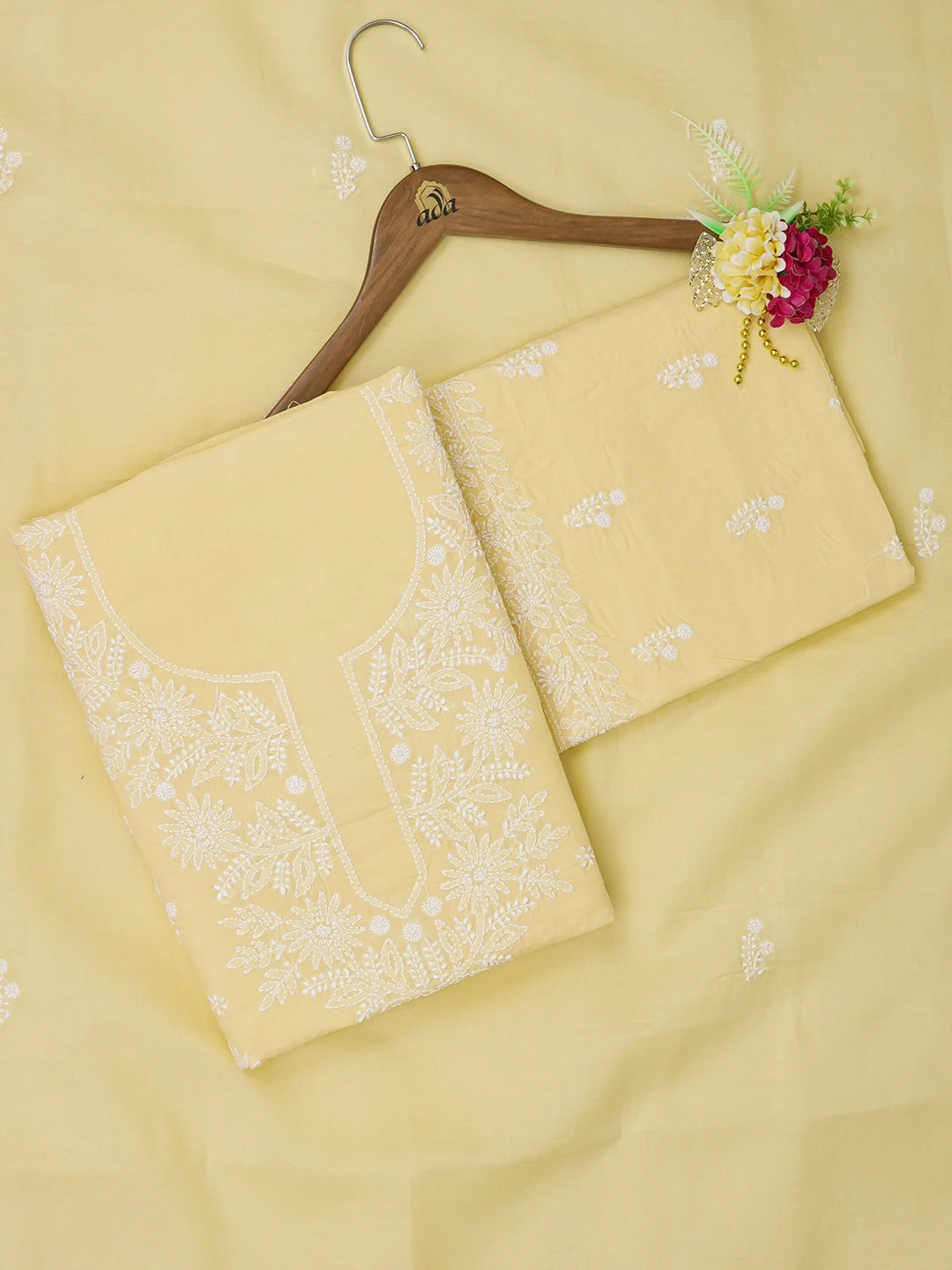 Ada Hand Embroidered Butter Yellow Cotton Lucknowi Chikankari Unstitched Suit Piece 01A647414