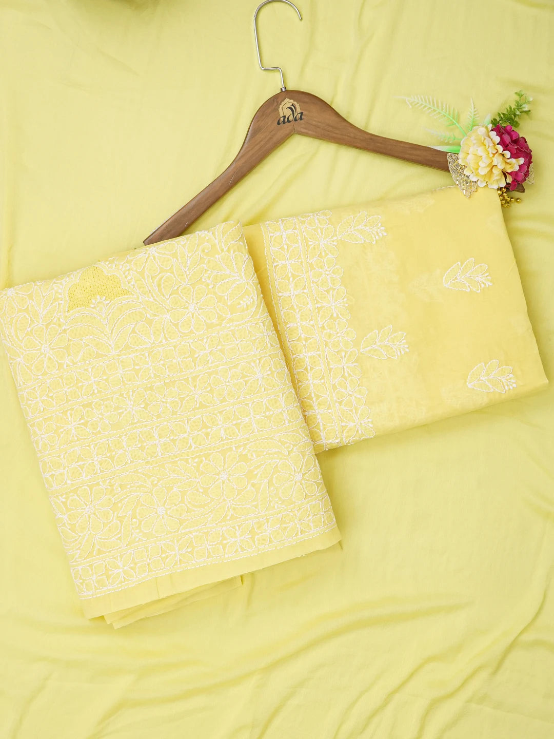 Ada Hand Embroidered Yellow Cotton Lucknowi Chikankari Unstitched Suit Piece 01A633174